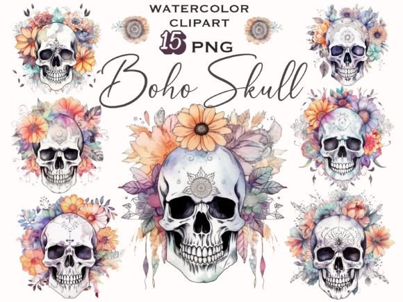 Download Watercolor Floral Boho Skull Clipart - Clipart Collection