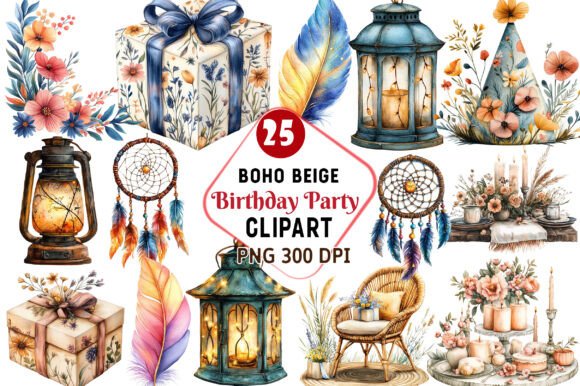 Download Boho Beige Birthday Party Clipart - Clipart Collection