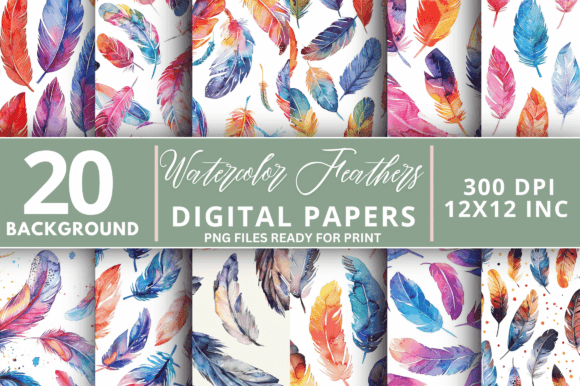 Download Watercolor Feathers Digital Paper Bundle - Bundle Collection