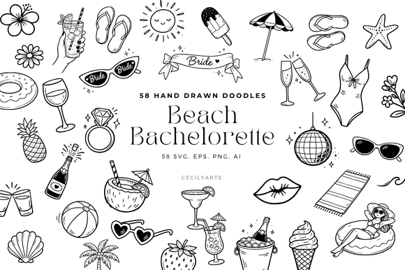 Download Beach Bachelorette Doodle Clipart Set - Clipart Collection