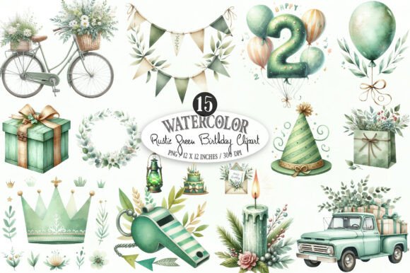 Download Rustic Green Birthday Watercolor Clipart - Clipart Collection