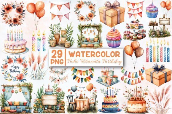 Download Boho Terracotta Birthday Clipart Bundle - Bundle Collection