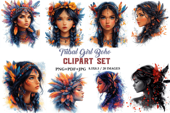 Download Tribal Girl Boho Clipart Set - Clipart Collection