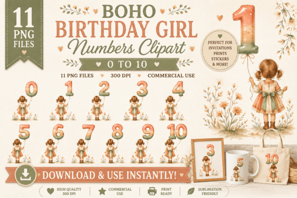 Download Boho Birthday Girl Numbers Clipart PNG - Clipart Collection