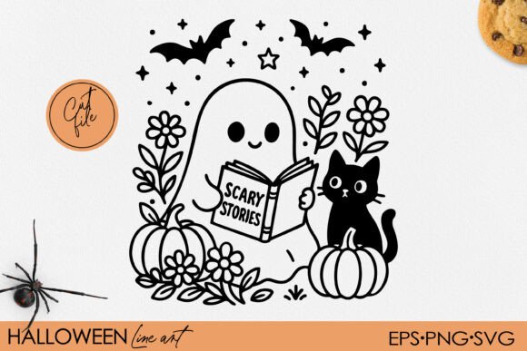 Download Cute Ghost Reading with Cat Clipart SVG - Clipart Collection