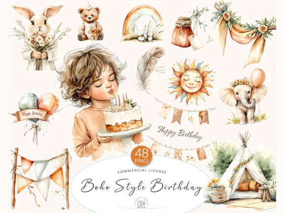 Download 48 Boho Birthday Clipart PNG Set - Clipart Collection